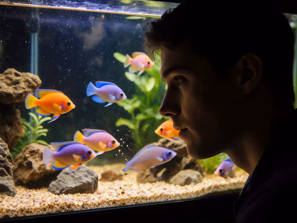 aquarist-observing-fish-feeding